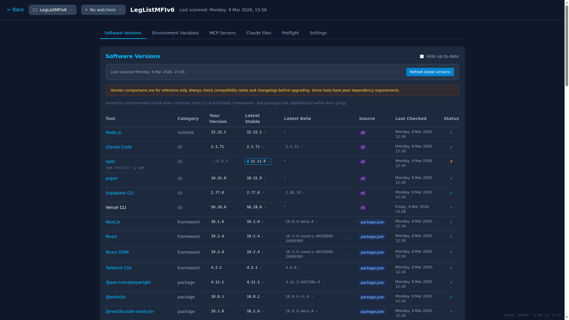 Software versions table showing detected versus latest versions
